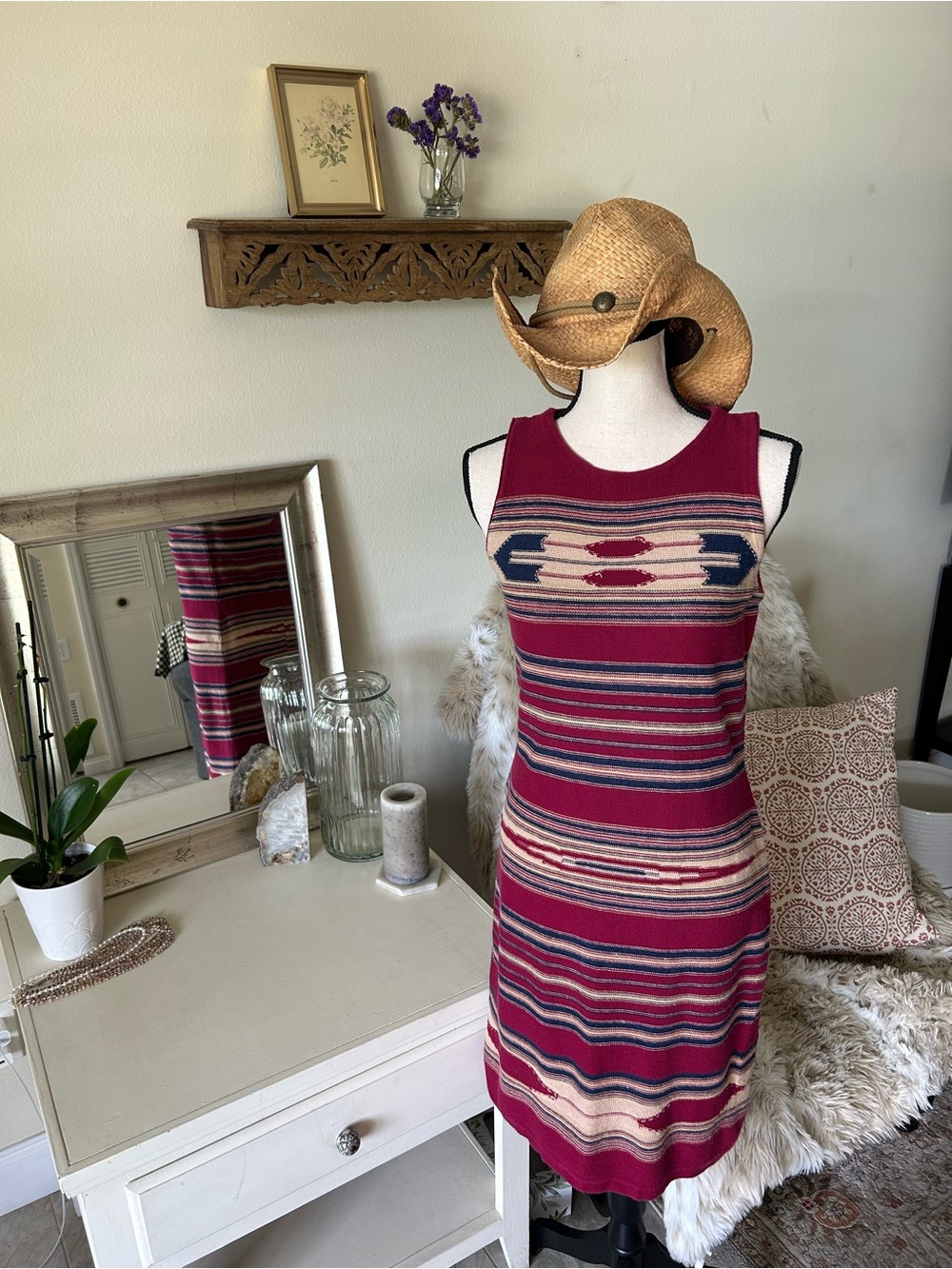 Ralph Lauren Vtg maroon cotton linen southwestern print sheath dress M